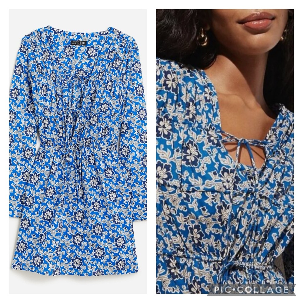 EUC J. Crew Tiered Tie-front Beach Dress in Cobalt Floral Cotton Voile
